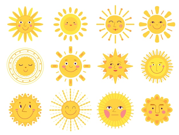 Sun characters Baby sunshine comic suns funny faces Isolated flat cartoon yellow summer symbols Doodle hot weather abstract seasonal decent vector icons