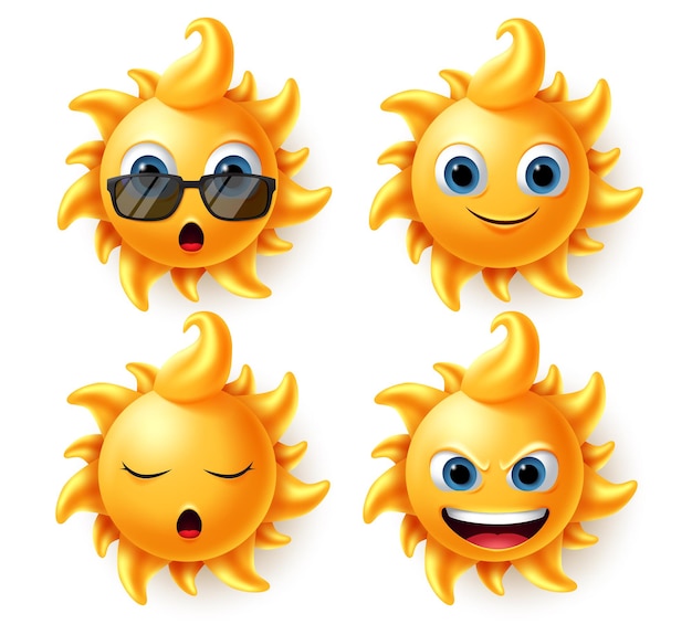 Sun characters vector set Sun character in different facial expression