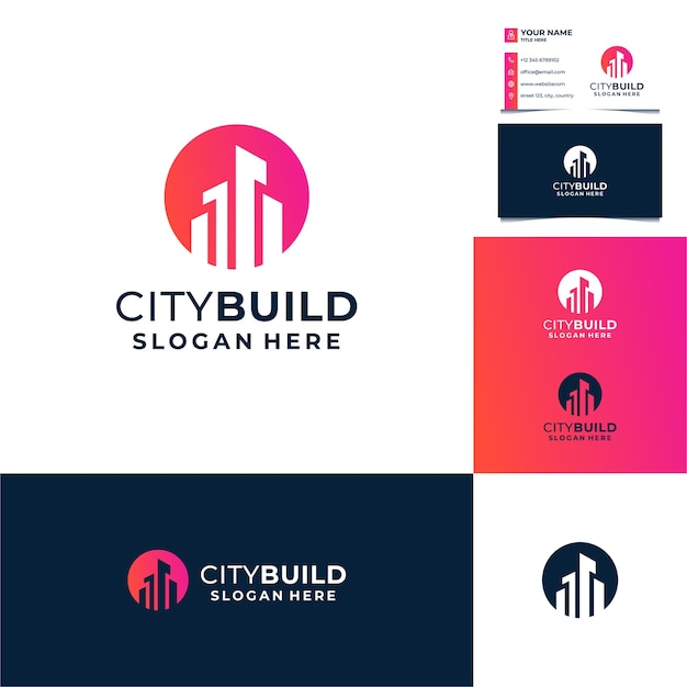 Sun, circle with building logo design, city, real estate, architecture with business card template