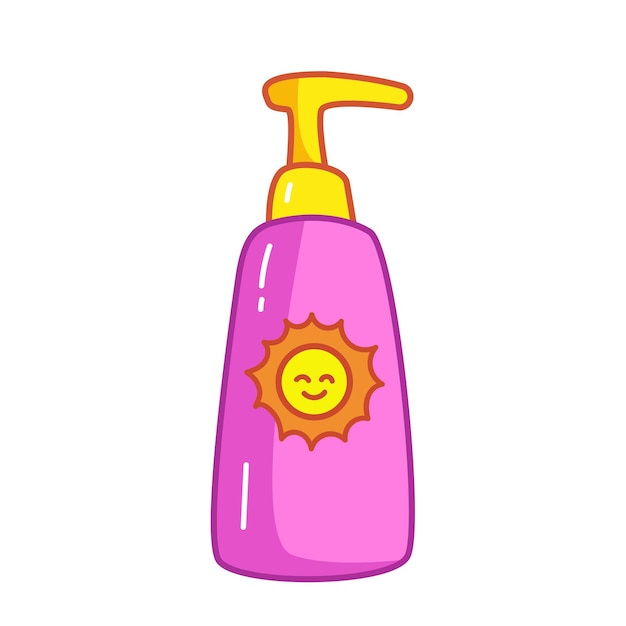 Sun cream or after sun cream in a pink tube with a contour. Vector illustration in cartoon childish style. Isolated funny clipart on white background. cute print.