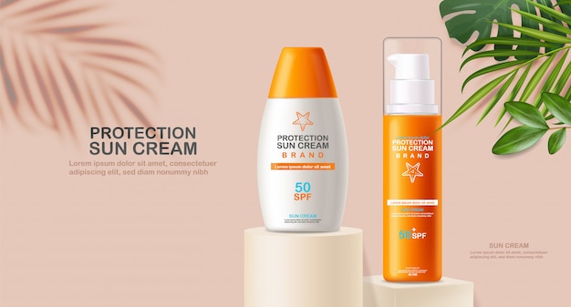 Sun cream bottle 3d realistic isolated, tropical banner, tropical leaves, packaging , protection sun cream, spf 50 summer cosmetics illustration