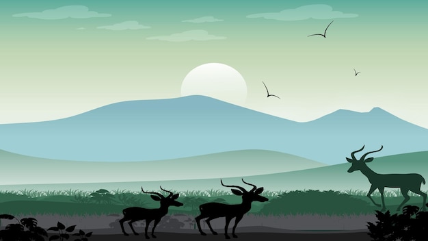 Sun dark moon night scenery misty mountains deer some birds and forest