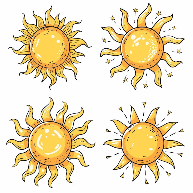 Sun drawings collection bright warm summer weather concept Different styles shining suns