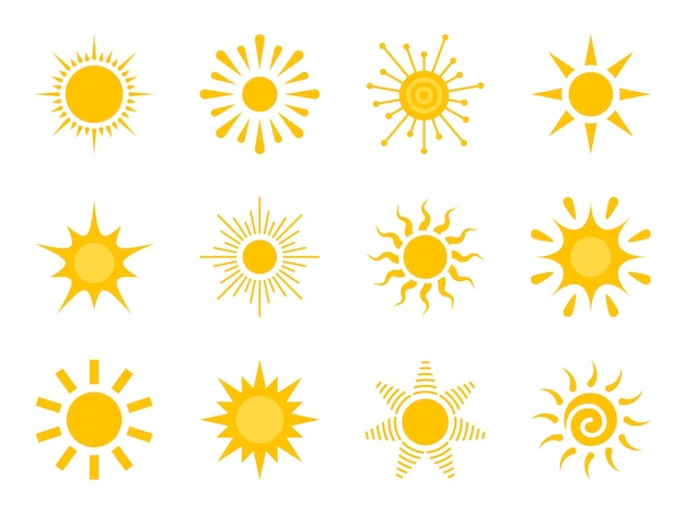 Sun flat icon set Various yellow sunshine star Cartoon summer sunlight nature sky Simple graphic solar circle sign Sunny heat rays weather app symbol Logotype sunrise sunset isolated on white