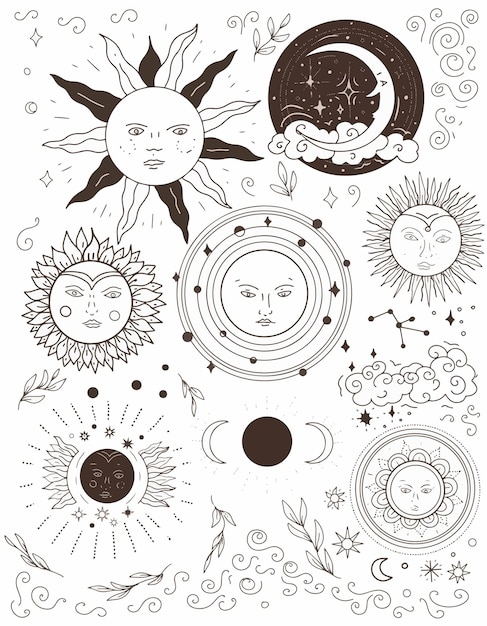 Vector sun graphics symbols astrology tarot cute cartoon coloring tattoo set separately on a white