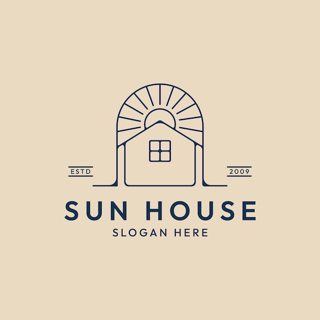 sun house line art logo minimalist design with emblem vector illustration design