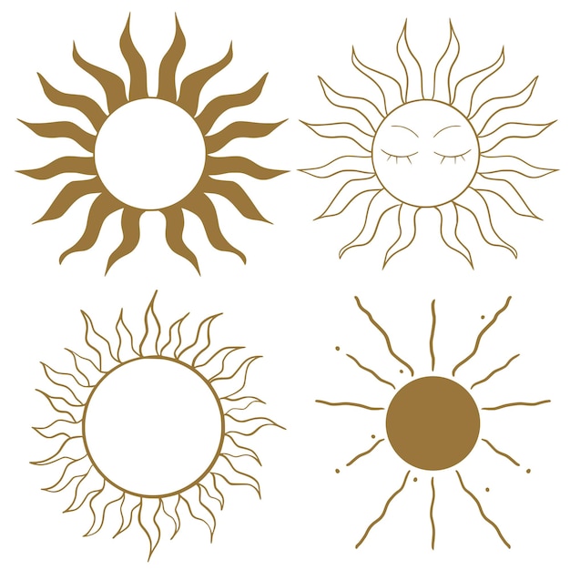 Sun icons vector set stylized vintage and boho design sun with face and closed eyes