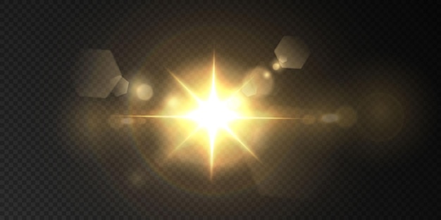 The sun is shining bright light rays with realistic glare. Light star on a transparent black background.