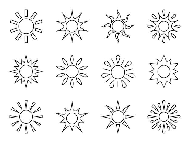 Sun line icon set Various shape sunshine star Cartoon summer sunlight nature sky Simple graphic solar circle sign Sunny heat rays weather app symbol Logotype sunrise sunset isolated on white