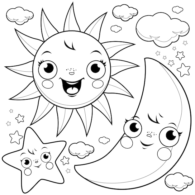 Vector sun moon and stars characters cute sky cartoon moon star and the sun vector coloring page