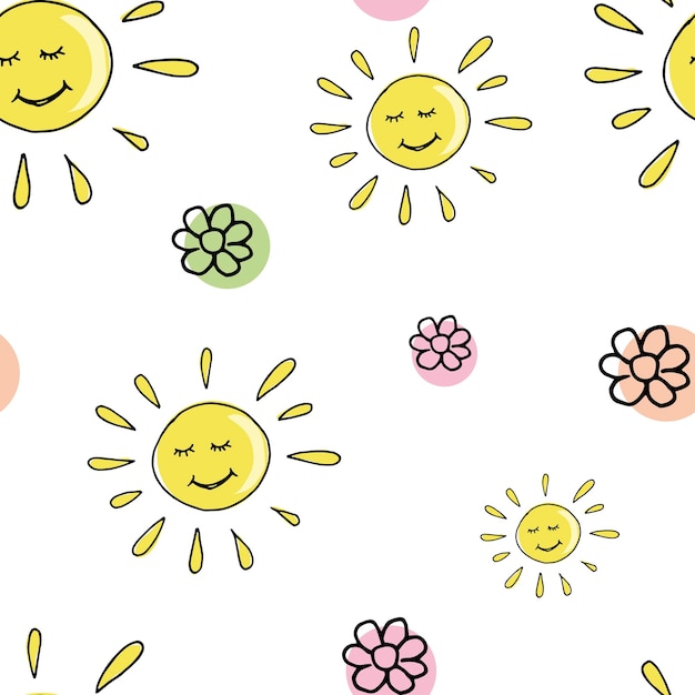 Sun pattern, sun doodle background, seamless vector pattern hand drawn doodle sun yellow on white background, bright sunny pattern for your design.