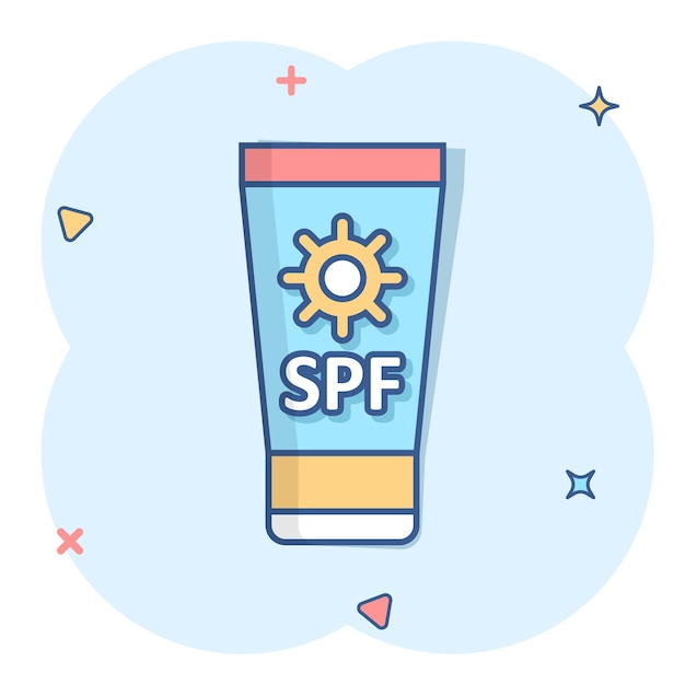 Sun protection icon in comic style Sunblock cream cartoon vector illustration on white isolated background Spf care splash effect business concept