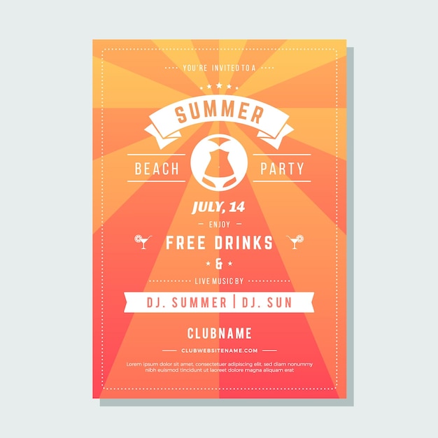 Sun rays abstract stripes spectrum woman torso in swimsuit summer beach party poster template vector