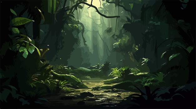 Vector sun rays illuminating lush dark rainforest canopy with rich jungle foliage