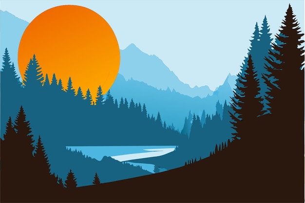 the sun rises over the forest vector illustration flat 2