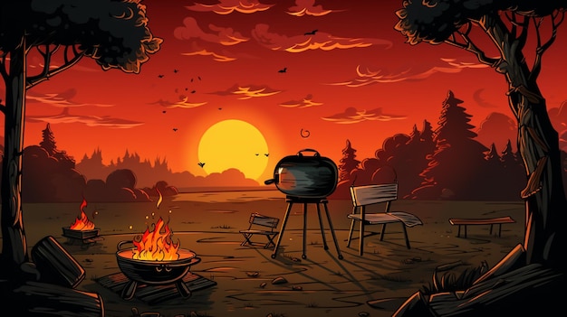 the sun sets over a campfire