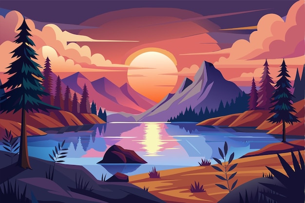 The sun sets behind majestic mountains reflecting beautifully on the calm lake with silhouetted trees sunset lake