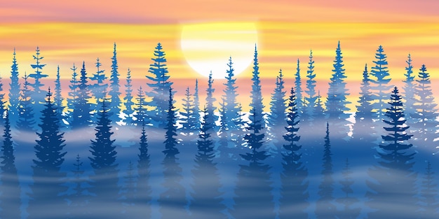 The sun sets in the winter forest