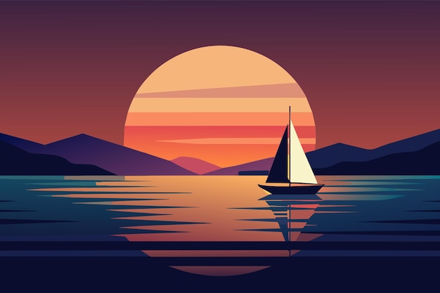 the sun setting behind a sailboat on the horizon vector illustration flat 2