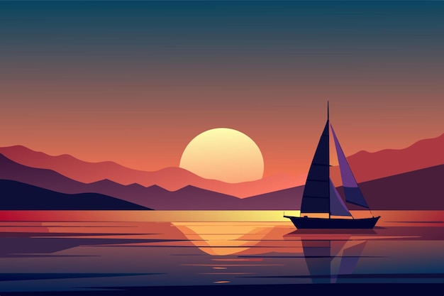 the sun setting behind a sailboat on the horizon vector illustration flat 2