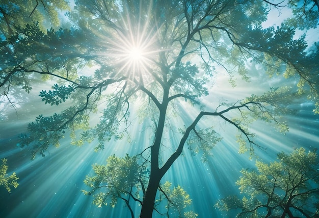 Vector sun shining through the green leaves and branches of a tree in a foggy forest