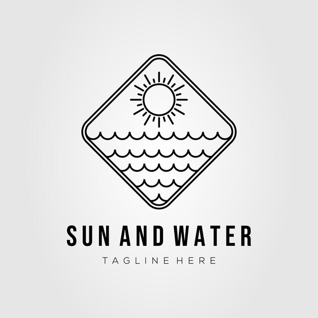 Sun, water wave line art logo vector illustration design