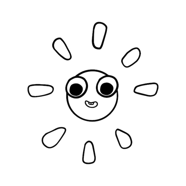 The sun with eyes and a smile hot celestial body spherical shape big star doodle linear cartoon coloring