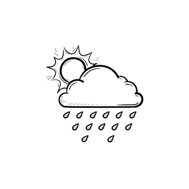 Sun with raincloud and raindrops hand drawn outline doodle icon. Raining and cloudy sky, weather concept