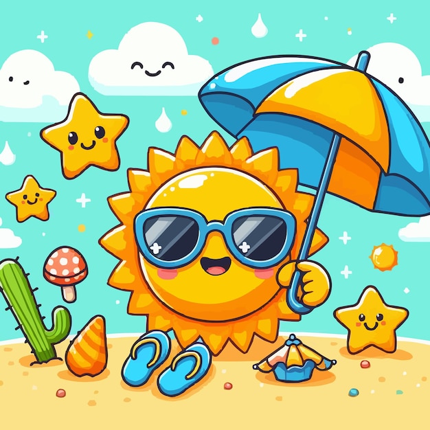 a sun with sunglasses and an umbrella on a beach