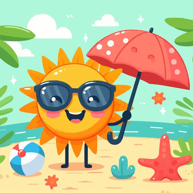 a sun with sunglasses and an umbrella on a beach