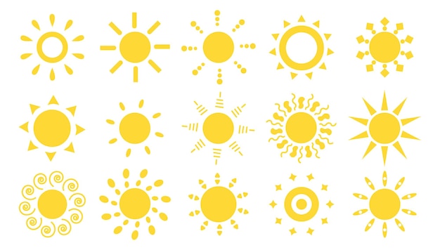 Sun yellow with rays set Summer symbol weather web site icon mobile app greeting card design