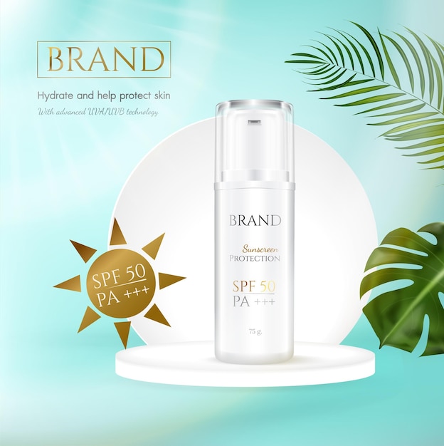 Sunblock ads template sun protection cosmetic products design with moisturizer cream or liquid sparkling background with white gold vector design