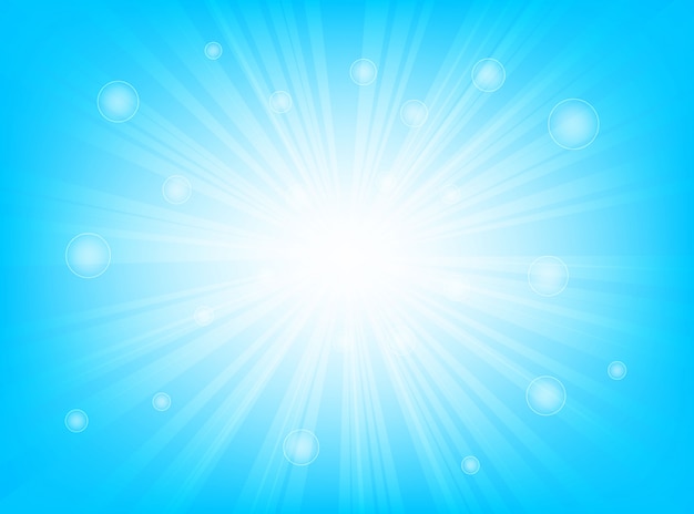 Sunburst bright blue and bokeh with glowing rays of light abstract background