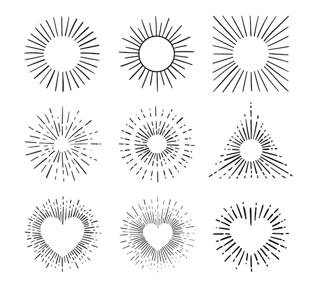 Sunburst explosion effects vintage doodle isolated on white background