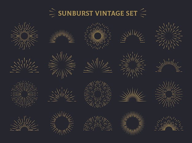 Sunburst set. Hand drawn sunshine ray decorative retro vintage set