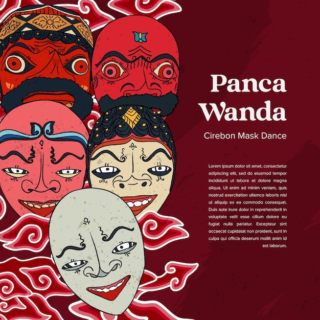 Sundanese culture traditional mask called pancawanda hand drawn illustration