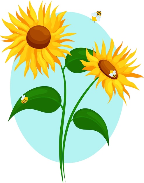 Sunflower on blue background with bees, two large sunflowers, bees on background of flowers