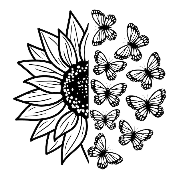 Sunflower and butterflies. Outline drawing. Line vector illustration.