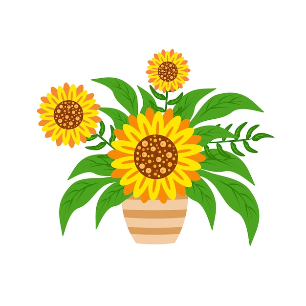 Sunflower. Decorative sunflowers in pot. Illustration for printing, backgrounds, covers, packaging, greeting cards, posters, stickers, textile, seasonal design.