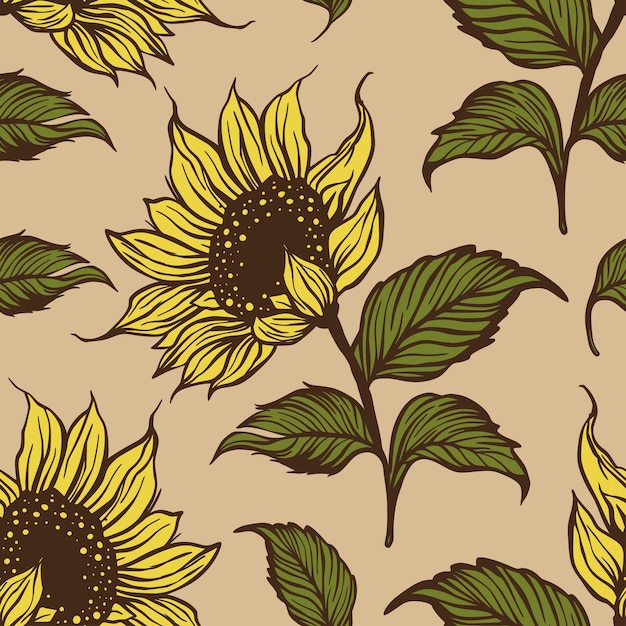 Sunflower doodle seamless vector pattern Nature drawing flower plant summer background