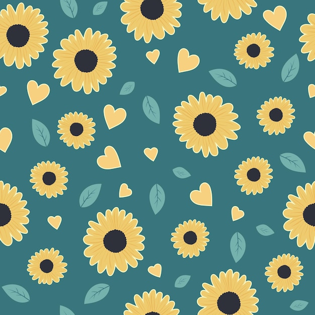 Sunflower and hearts seamless pattern vector Summer floral print for textile fabric wrapping on green