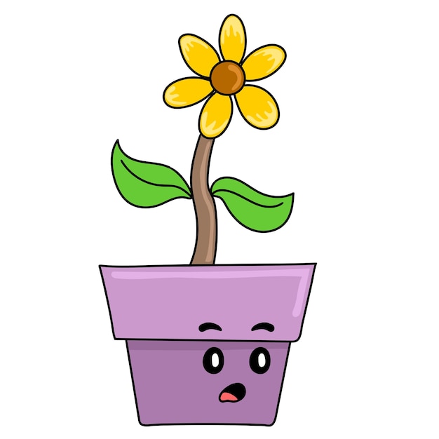 Sunflower plants thrive in pots. cartoon illustration sticker emoticon