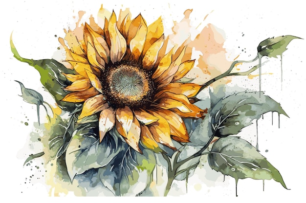 Sunflower watercolor painted illustration vector watercolor sunflower illustration with green leaves