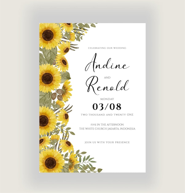 Sunflower watercolor wedding invitation design template