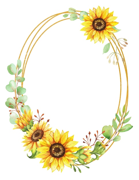 Sunflower wreath golden round frame of yellow flowers hand painted watercolor illustration