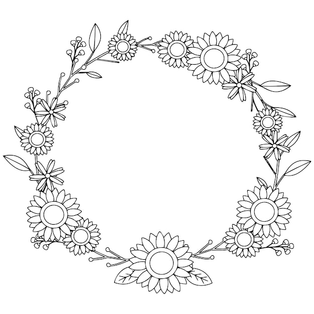 Sunflower wreath in  line drawing with Minimalist art style. Vector illustration.