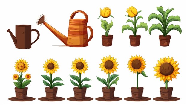 Vector sunflowers are growing in pots and pots