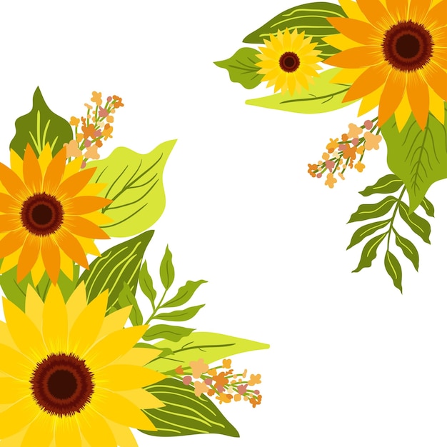 Sunflowers flower and leaves border illustration