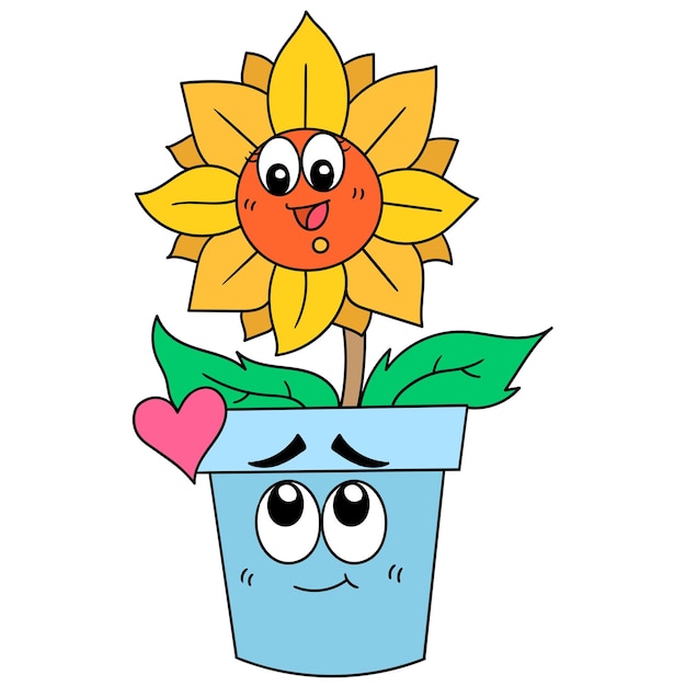 Sunflowers growing in lush pots are beautiful expressions of happy laughter, character cute doodle draw. vector illustration