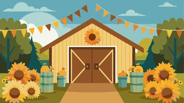 Vector sunflowers and hay bales decorate the entrance of a whimsical barn where families come together to share in the joy of a rustic dance celebration